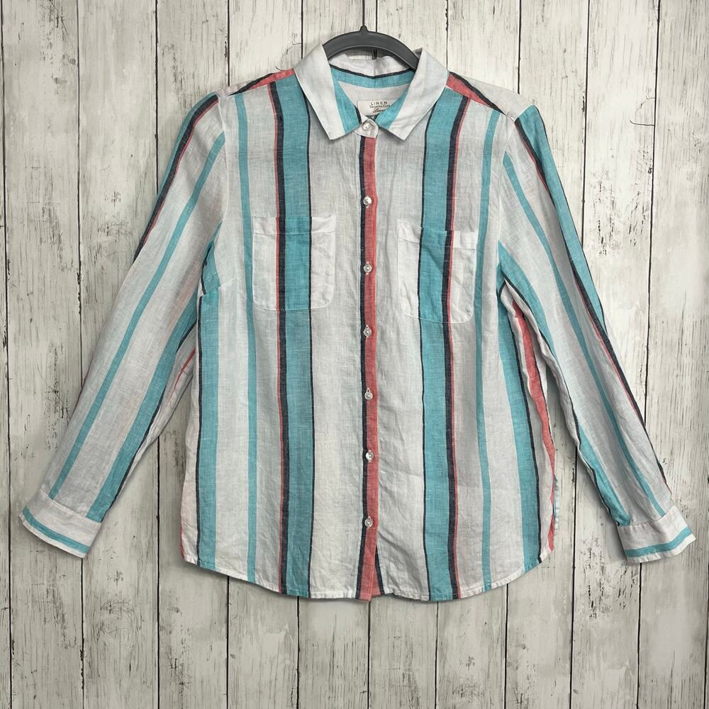 Charter Club Long Sleeve Striped 100% Linen Lightweight Button Up Blouse Shirt